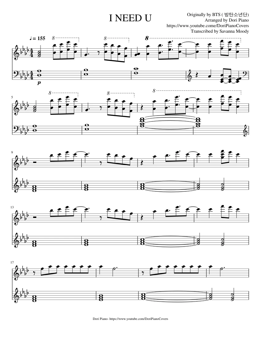 Bts I Need U Sheet Music For Piano Download Free In Pdf Or Midi