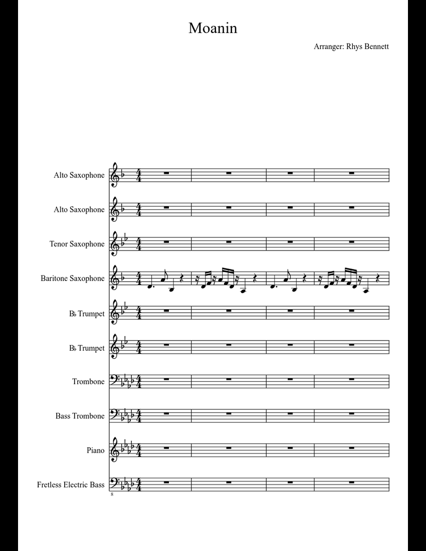 Moanin sheet music for Piano, Alto Saxophone, Tenor Saxophone, Baritone