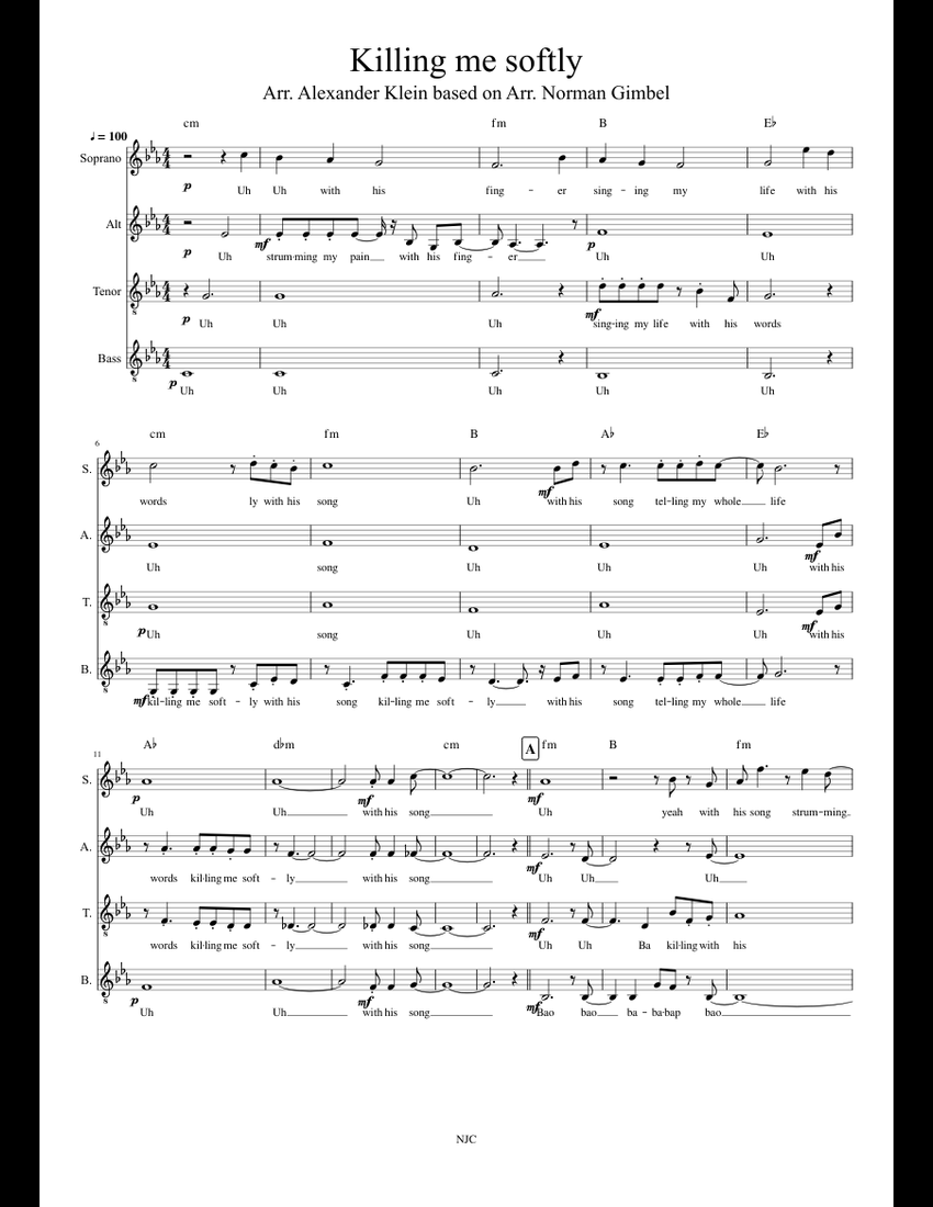 Killing Me Softly Satb Sheet Music For Piano Download Free In Pdf Or Midi 9847