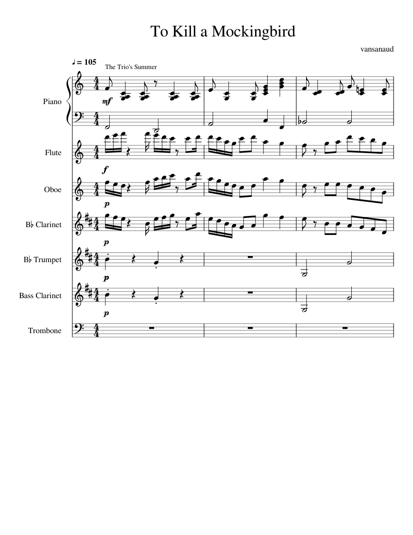 To Kill a Mockingbird Sheet music for Piano, Flute, Clarinet, Oboe