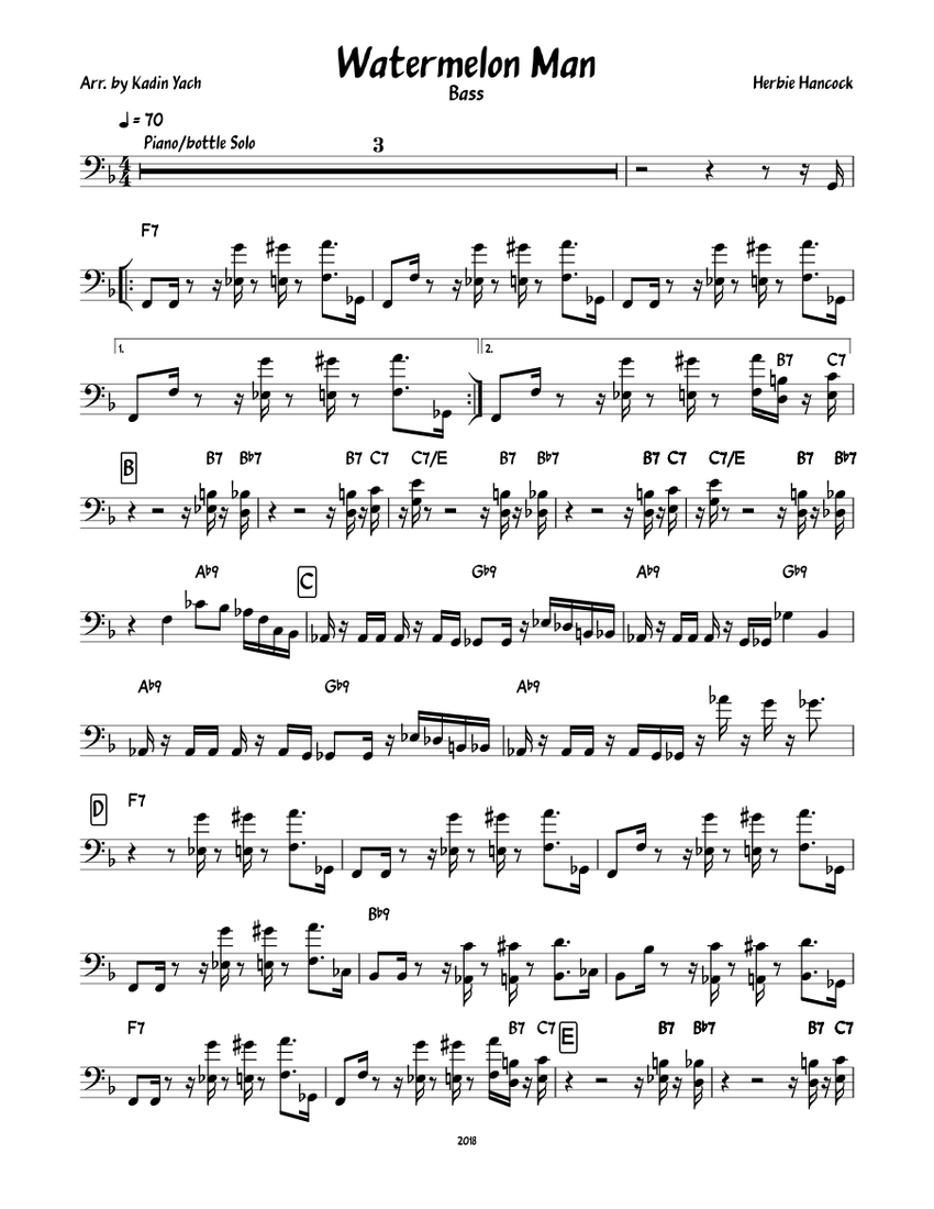 Watermelon Man Bass Sheet Music For Piano Download Free In PDF Or