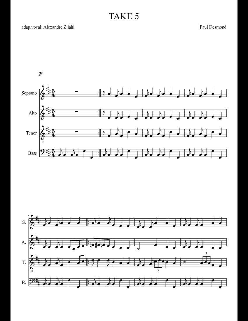 TAKE 5 sheet music for Alto Saxophone, Tenor Saxophone, Baritone ...