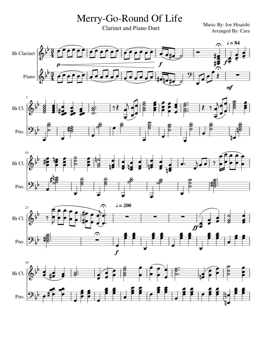 Merry-Go-Round Of Life sheet music for Clarinet, Piano download free in