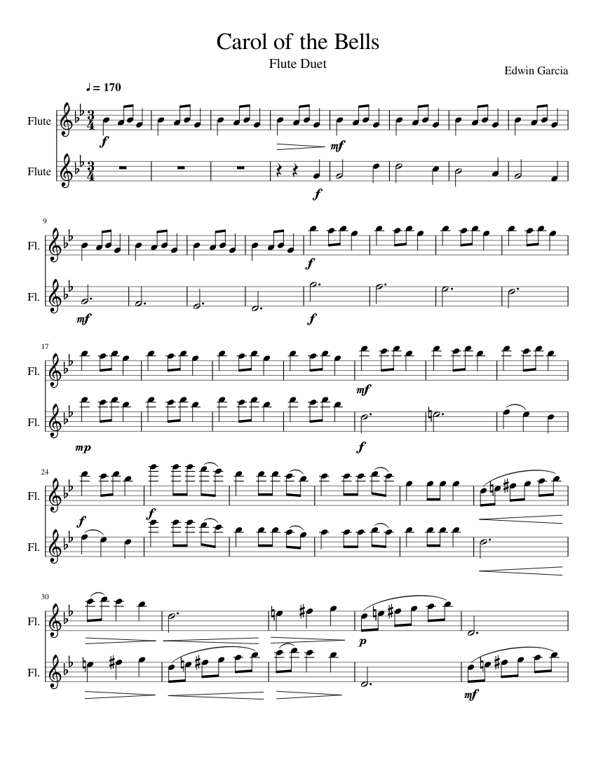 Carol Of The Bells Sheet Music For Flute Woodwind Duet 