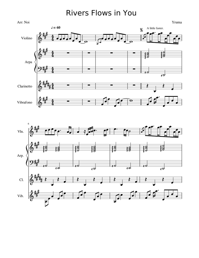 Rivers Flows in You Sheet music for Violin, Clarinet, Harp, Percussion