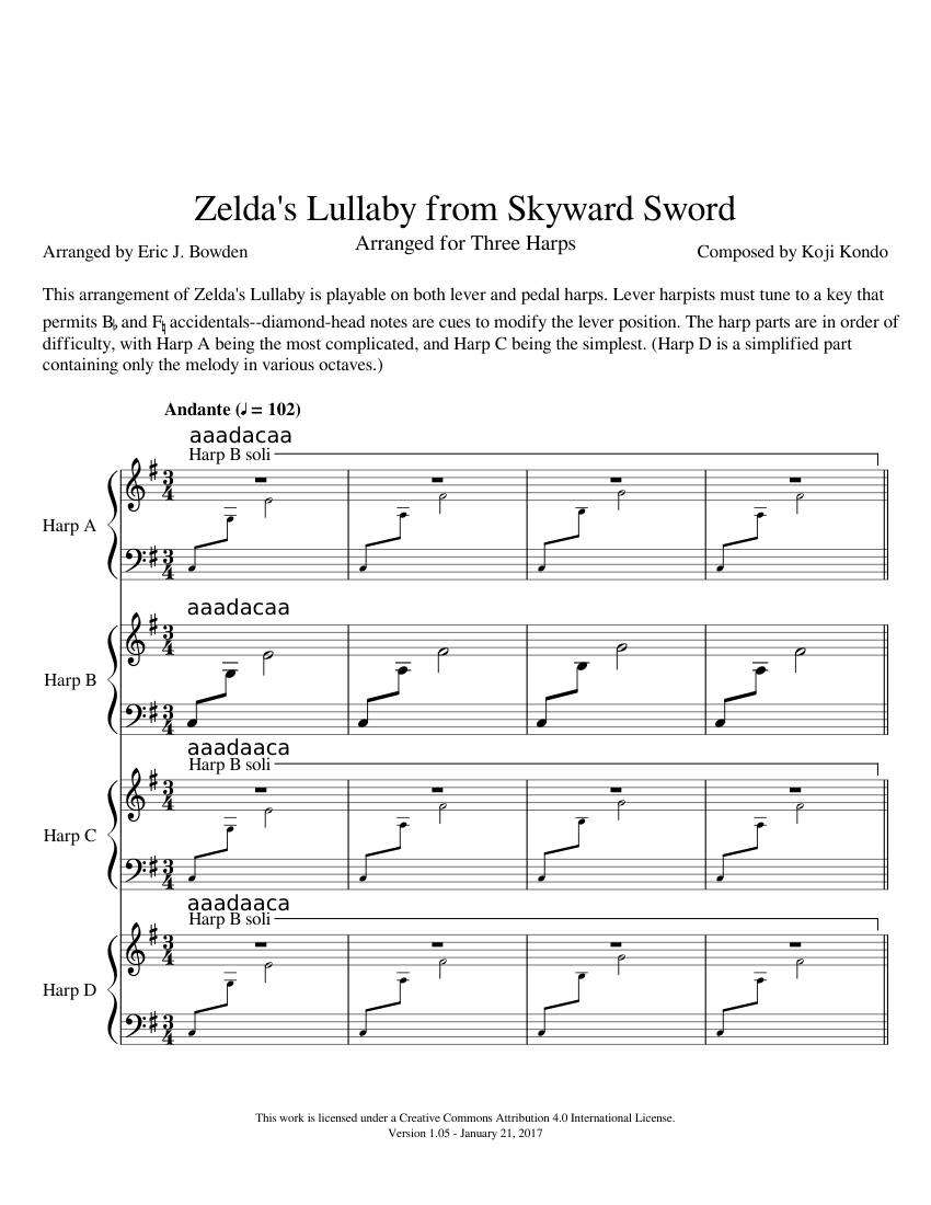 Zelda's Lullaby for Harp Trio (Skyward Sword) Sheet music for Harp