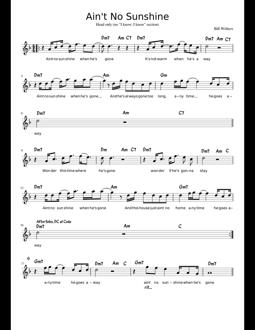 Ain't No Sunshine sheet music for Piano download free in PDF or MIDI