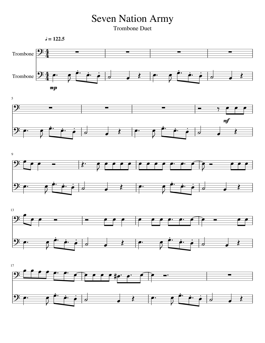Seven Nation Army Trombone Duet Sheet Music Download Free In