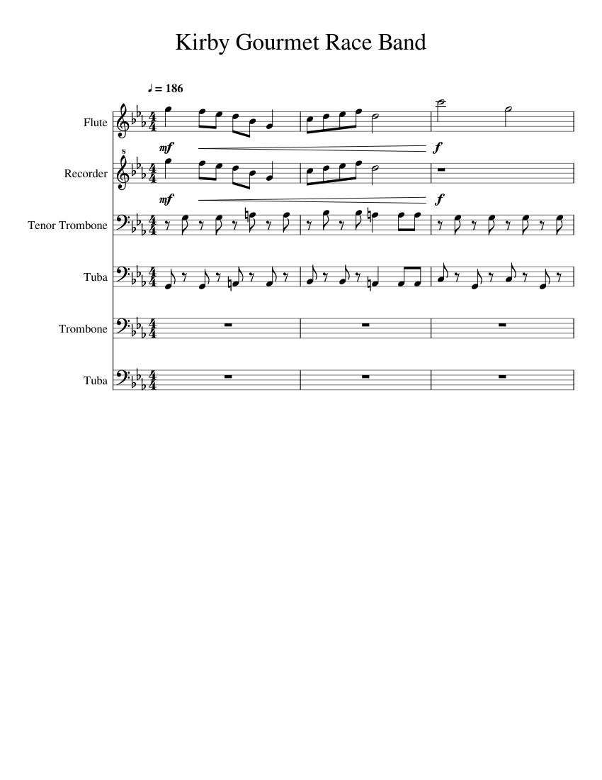 Kirby Gourmet Race sheet music for Flute, Recorder, Trombone, Tuba ...