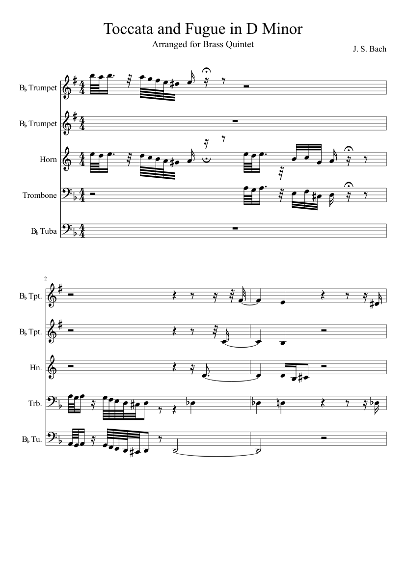 Toccata and Fugue in D Minor - Brass Quintet sheet music for Trumpet ...