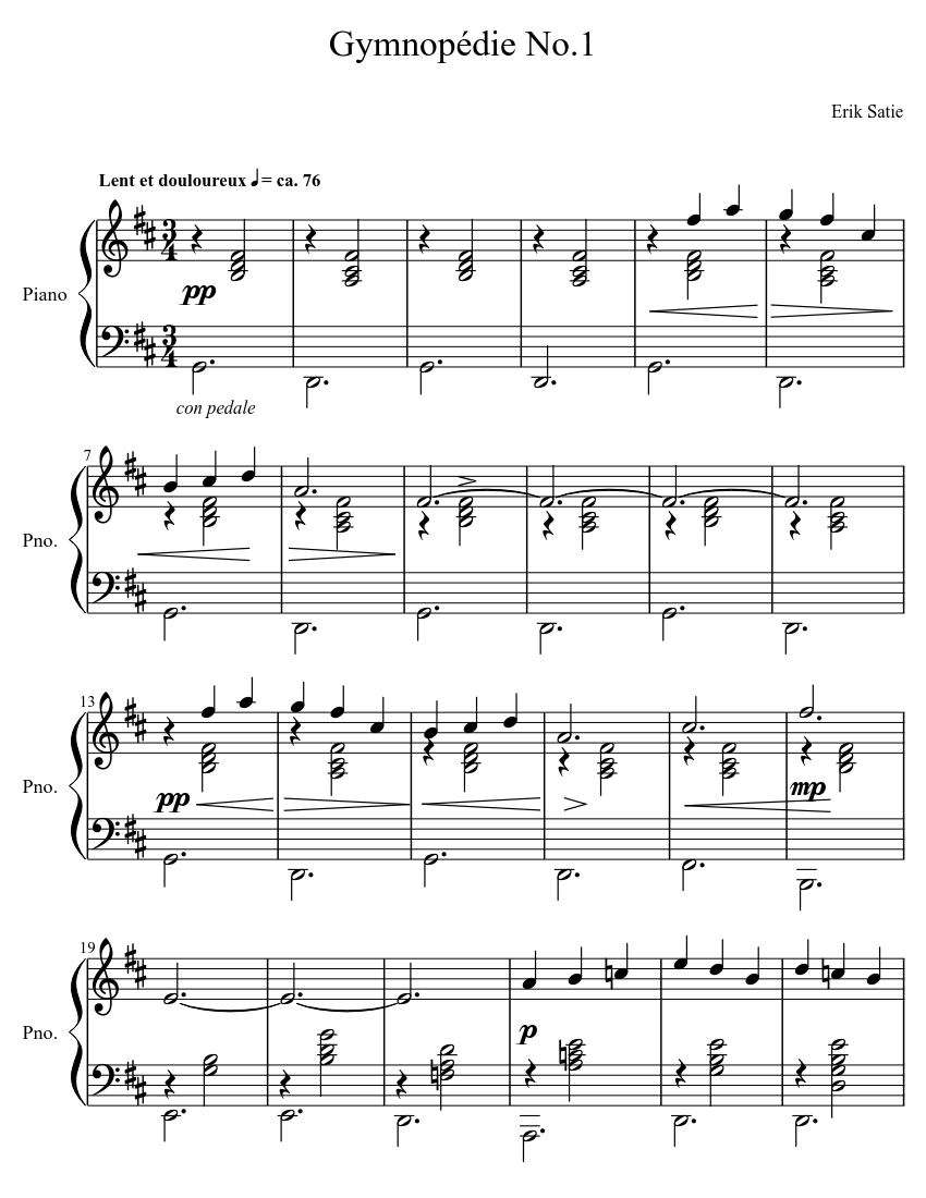 Erik Satie - Gymnopédie No.1 sheet music for Piano download free in PDF