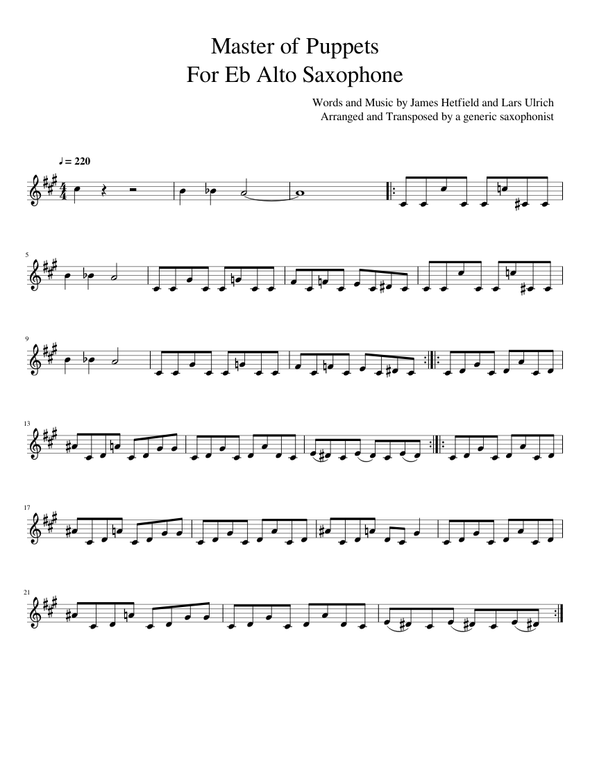 Master of Puppets for Eb Alto Saxophone Sheet music | Download free in PDF or MIDI | Musescore.com
