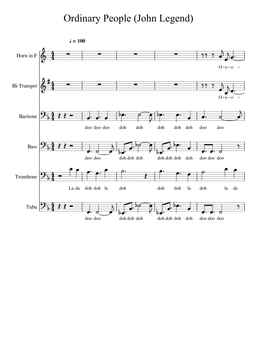 Ordinary People John Legend Sheet Music For Piano Trumpet In B Flat Trombone French Horn More Instruments Mixed Ensemble Musescore Com