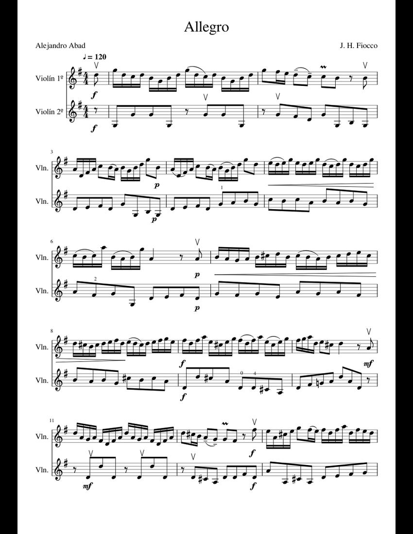 Allegro de J. H. Fiocco sheet music for Violin, Strings download free ...