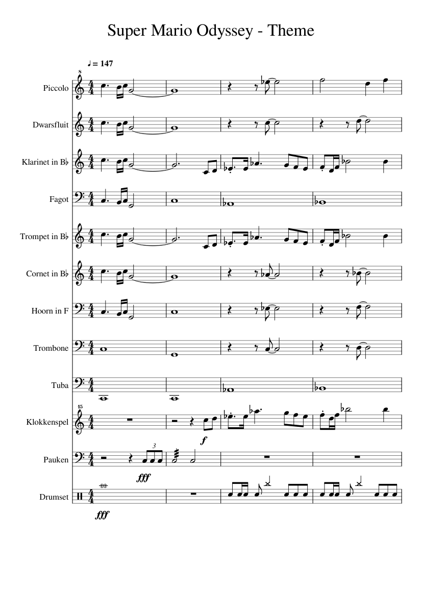 Super Mario Odyssey Theme sheet music for Flute, Clarinet, Piccolo ...