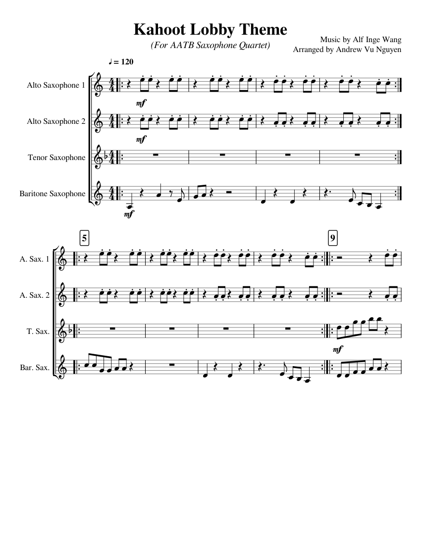 Kahoot Lobby Theme Aatb Saxophone Quartet Arrangement Sheet Music