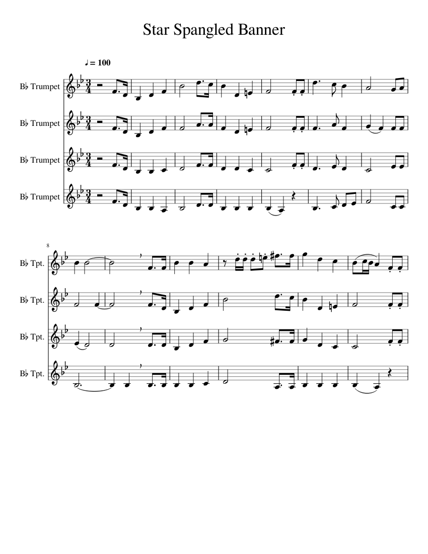 Star Spangled Banner - Trumpet Quartet Sheet music for Trumpet | Download free in PDF or MIDI ...