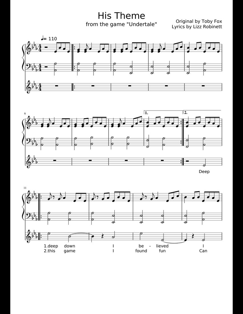 [Undertale] - His Theme sheet music for Piano, Violin download free in