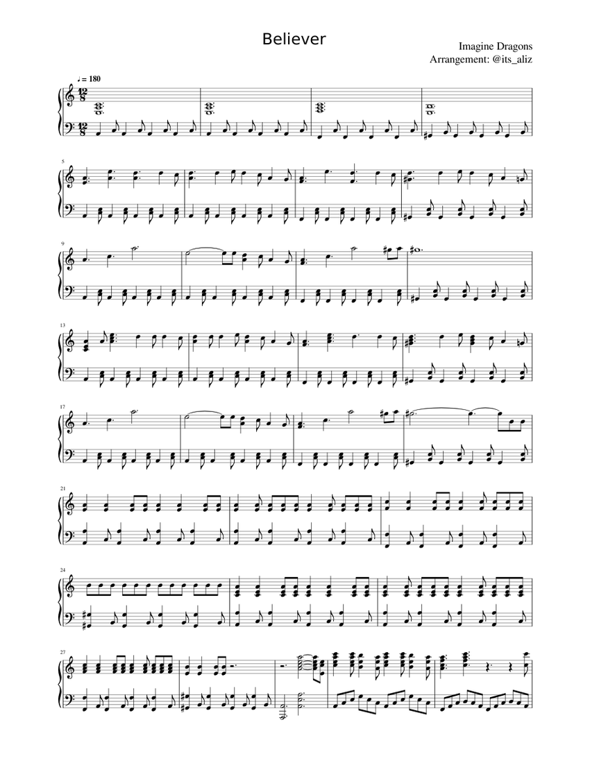Believer - Imagine Dragons Sheet music for Piano | Download free in PDF or MIDI | Musescore.com