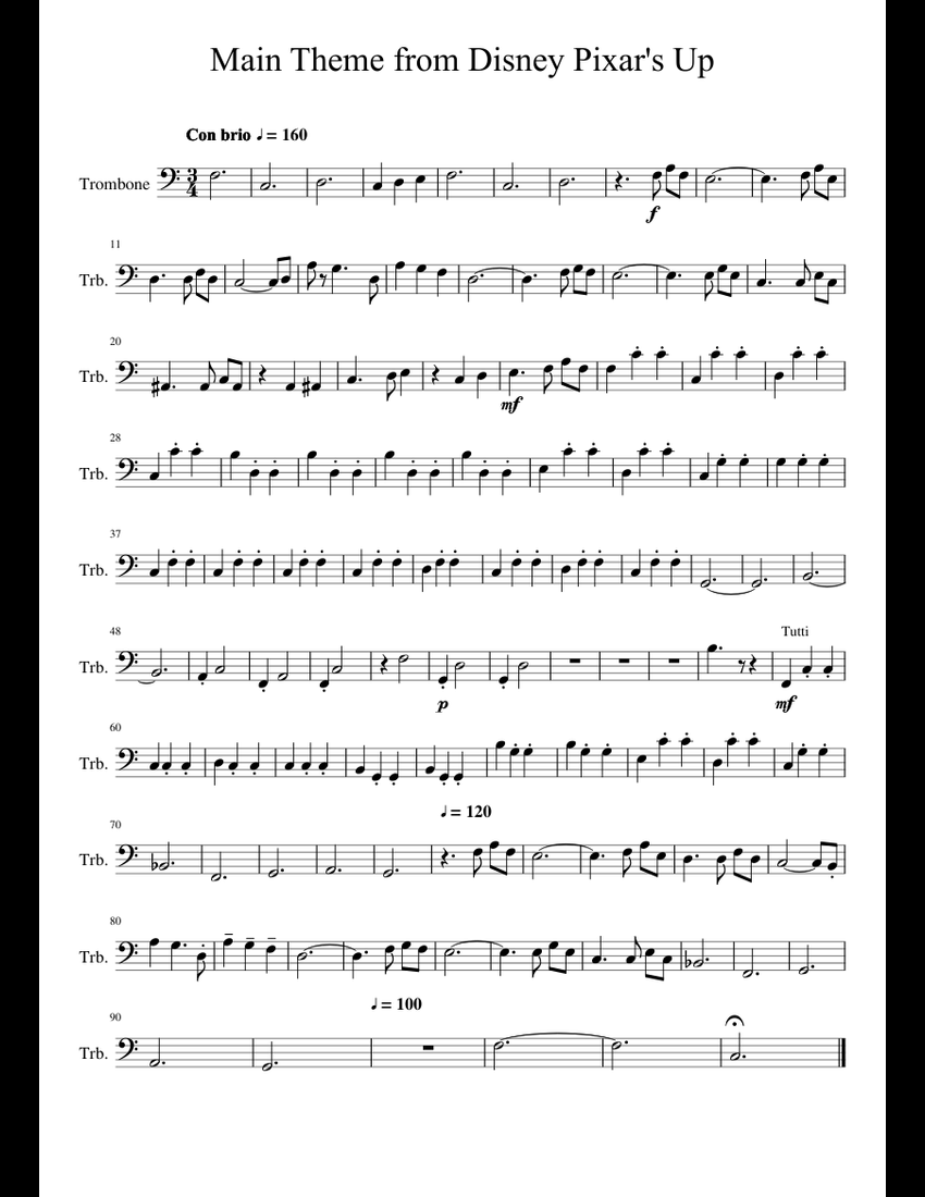 Main Theme From Disney Pixars Up Trombone 2 Sheet Music For Trombone Strings Download Free In 8331
