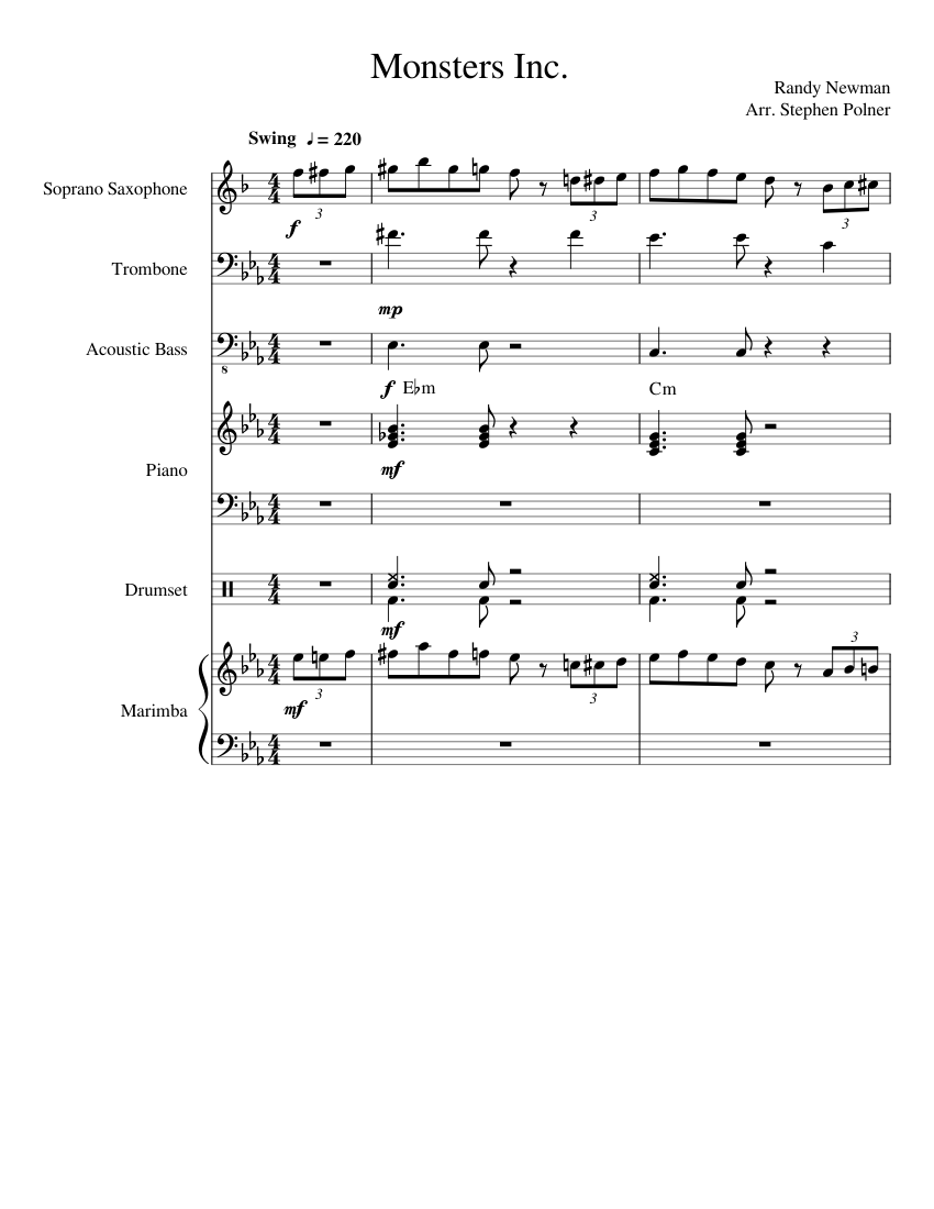 Monsters Inc sheet music for Piano, Soprano Saxophone, Trombone, Bass