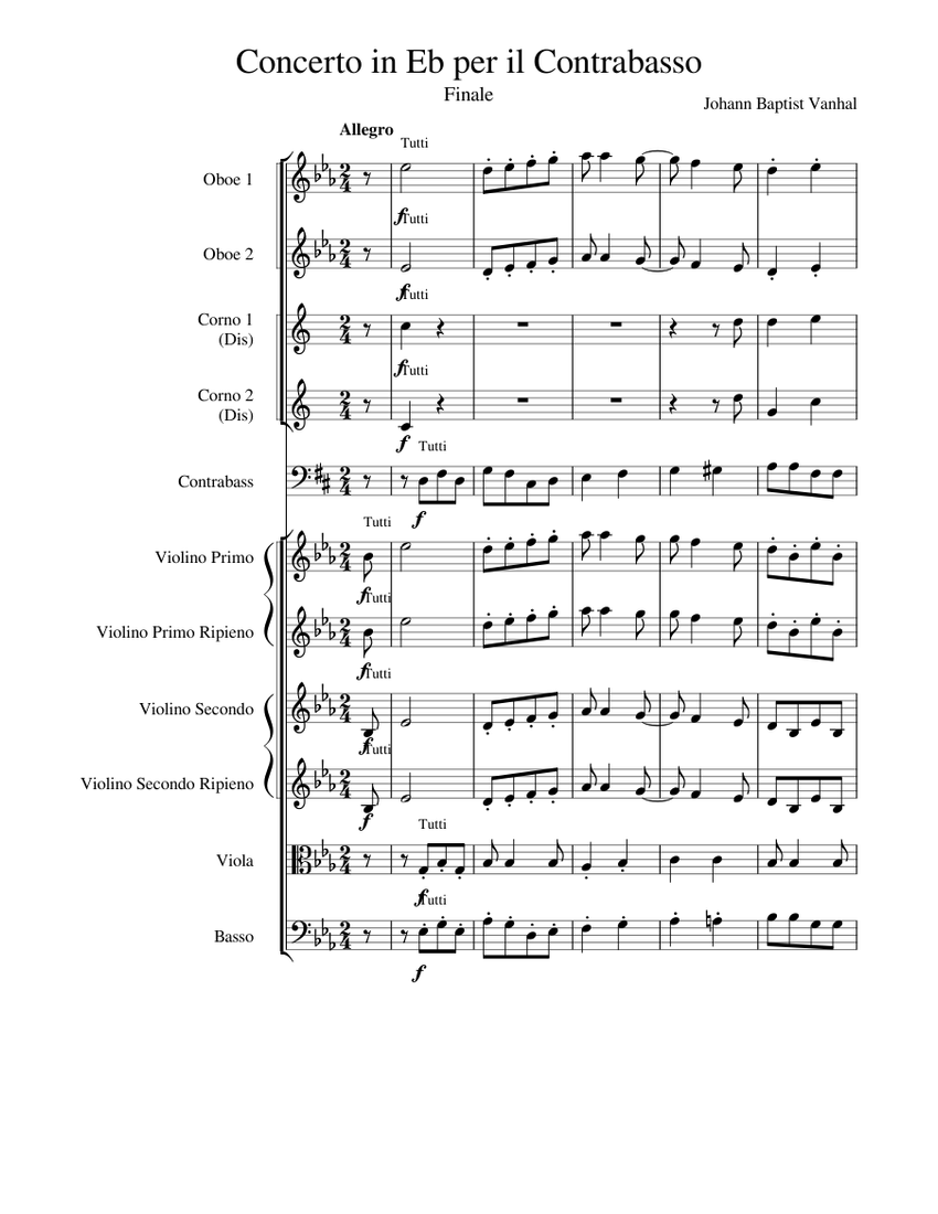 Vanhal Double Bass Concerto Finale Sheet music for Violin, Cello