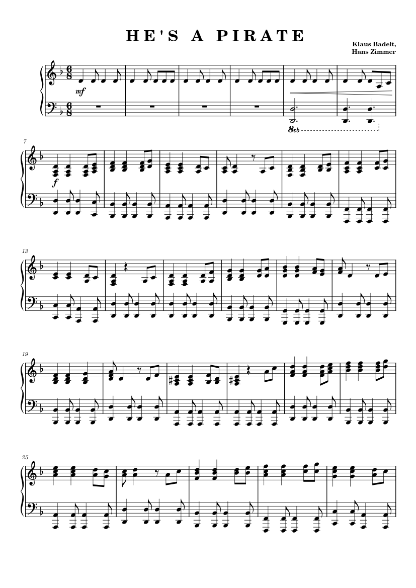 PIRATES OF THE CARIBBEAN - He's a Pirate sheet music for Piano download