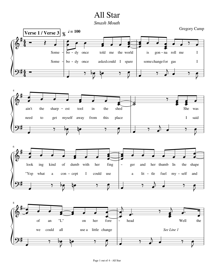 All Star Sheet music for Piano | Download free in PDF or MIDI