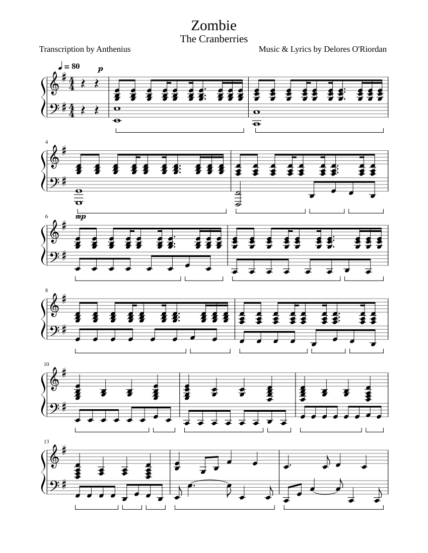 Zombie - The Cranberries Sheet music for Piano | Download free in PDF