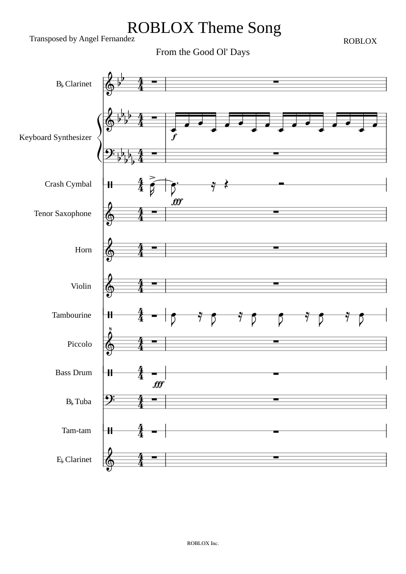 Roblox Theme Song Sheet Music For Clarinet Violin - roblox violin sheets
