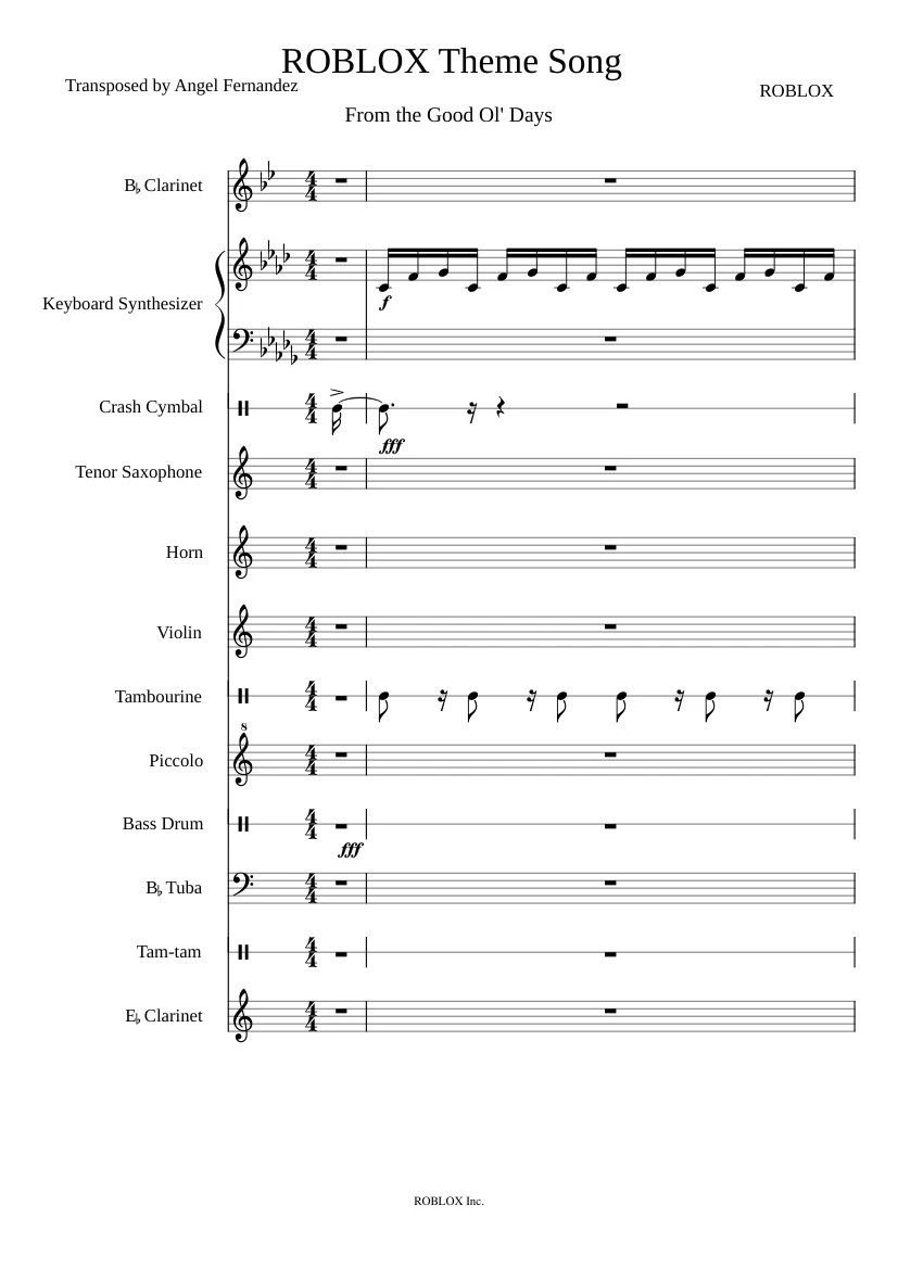 Roblox Theme Song Sheet Music For Clarinet Violin - 