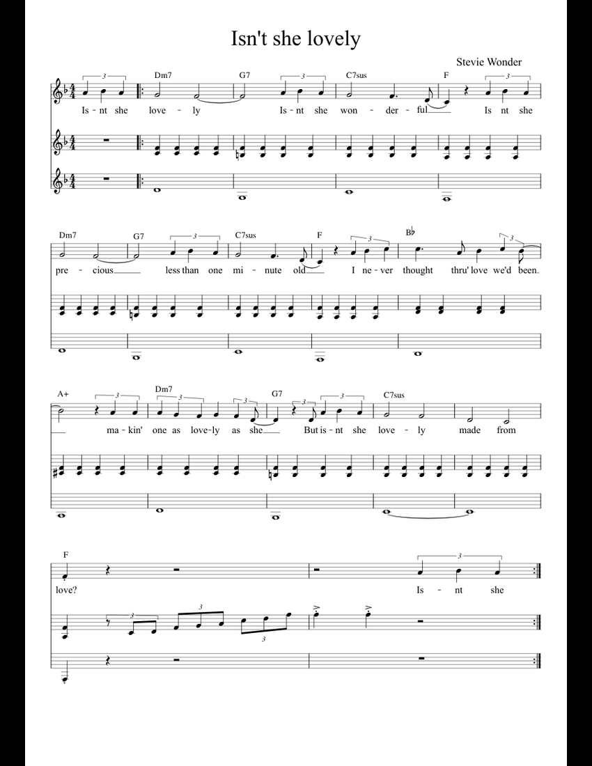 Isn't she lovely sheet music for Piano, Percussion, Bass download free