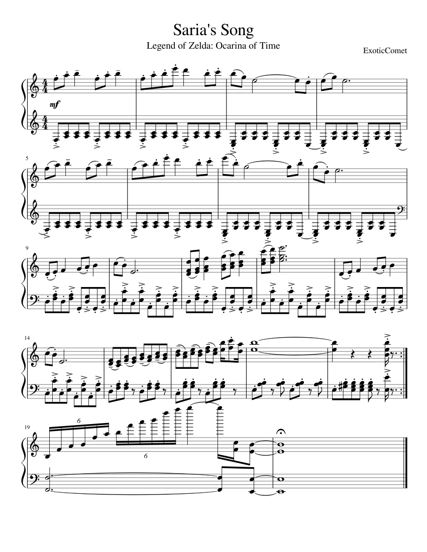 Legend of Zelda: Ocarina of Time - Saria's Song sheet music for Piano