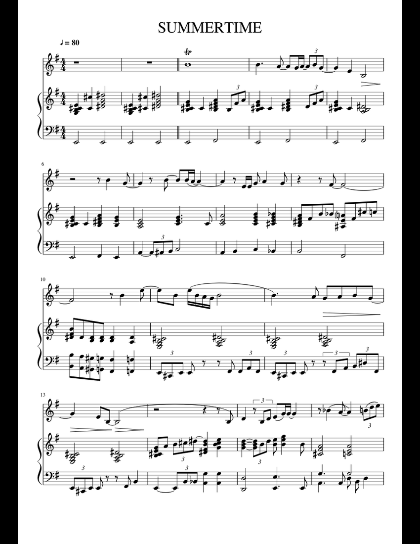 SUMMERTIME sheet music for Piano download free in PDF or MIDI