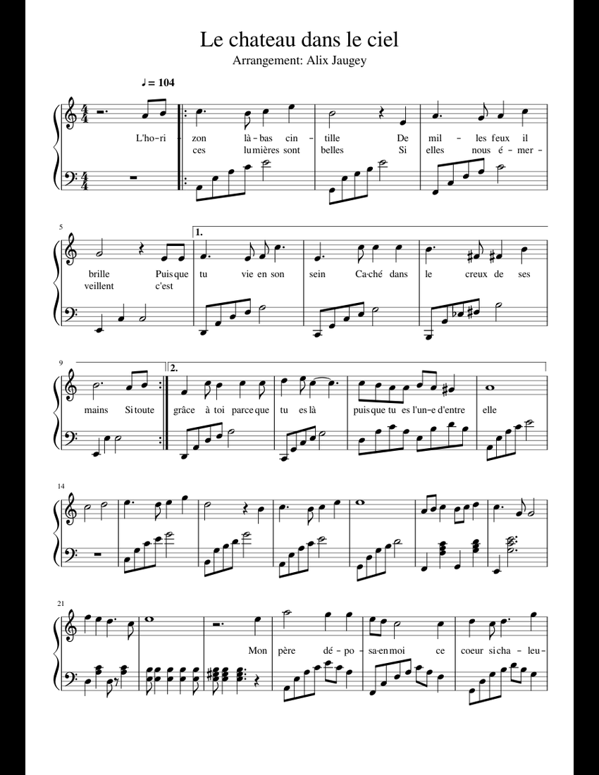 Le chateau dans le ciel sheet music for Piano download free in PDF or MIDI