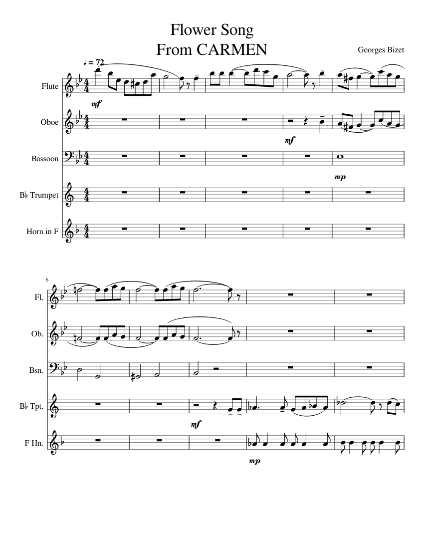 Flower Song From CARMEN Sheet music for Flute, Oboe, Bassoon, Trumpet Download free in PDF or