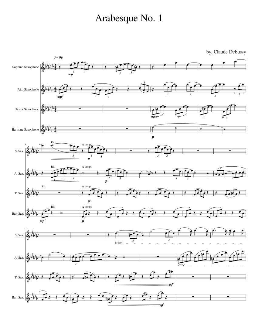 Arabesque No. 1 for SATB Sax Quartet Sheet music for Soprano Saxophone