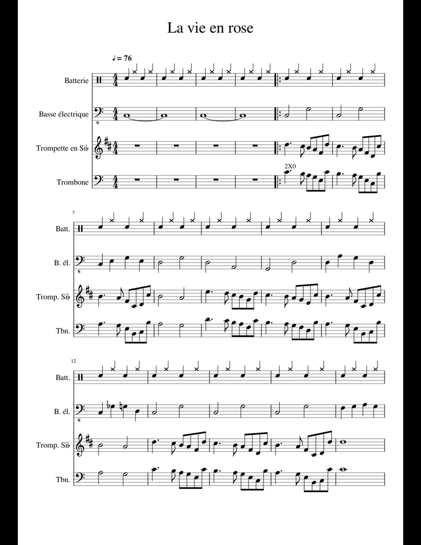 La vie en rose sheet music for Percussion, Bass, Trumpet, Trombone