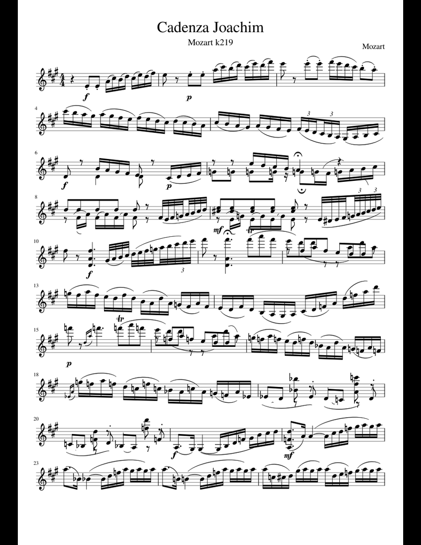 Joachim's Cadenza for Mozart Concerto in A K 219 sheet music for Piano