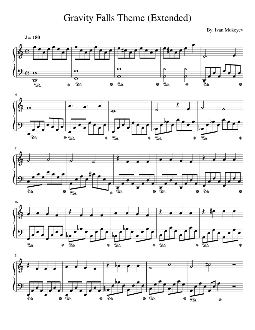 Gravity Falls Theme Song Piano Sheet Music