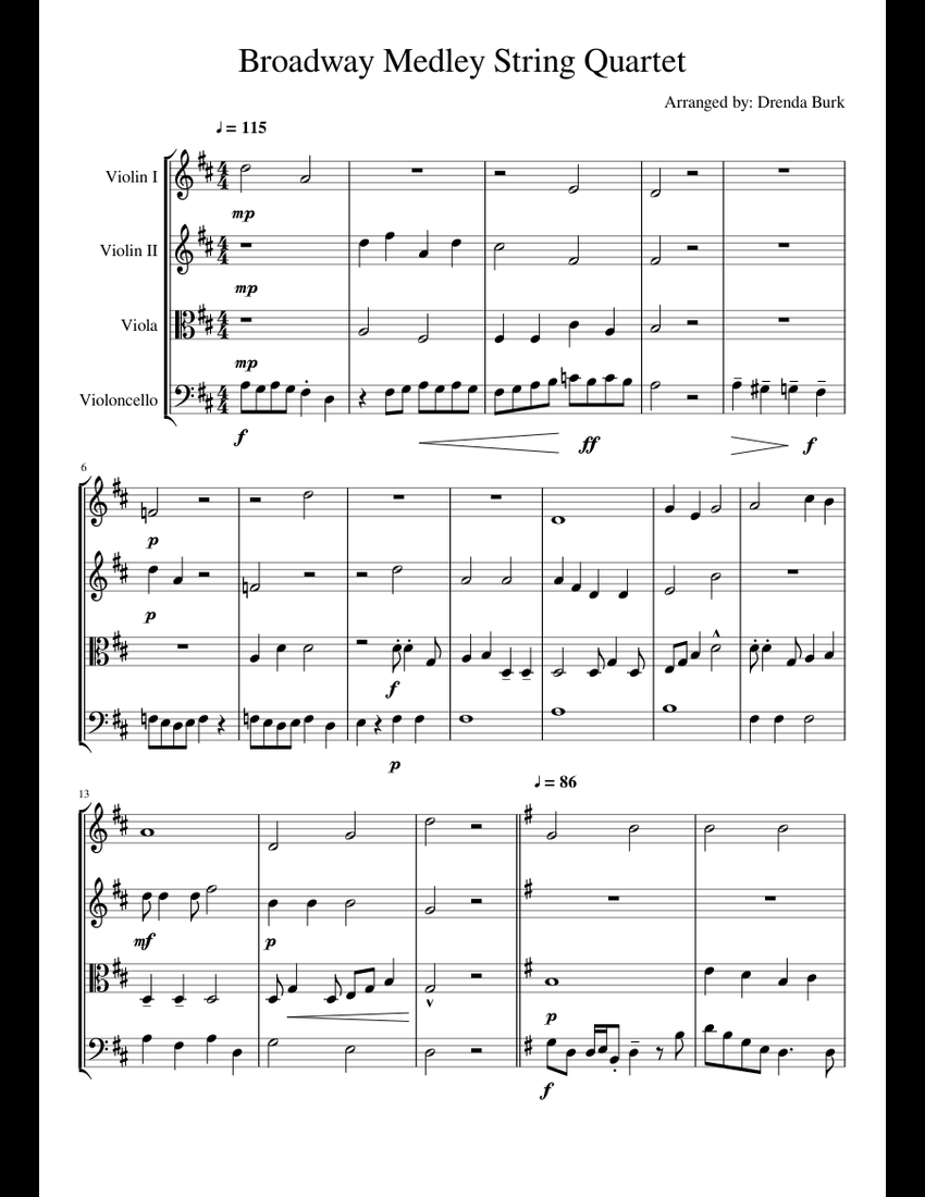 Broadway medley string quartet sheet music for Violin, Viola, Cello ...