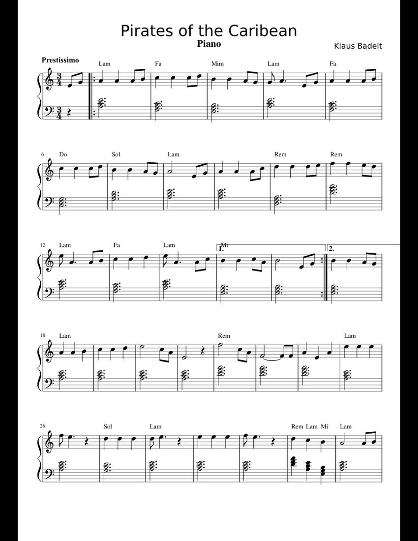 Pirates of the Caribean (Piano) sheet music for Piano download free in