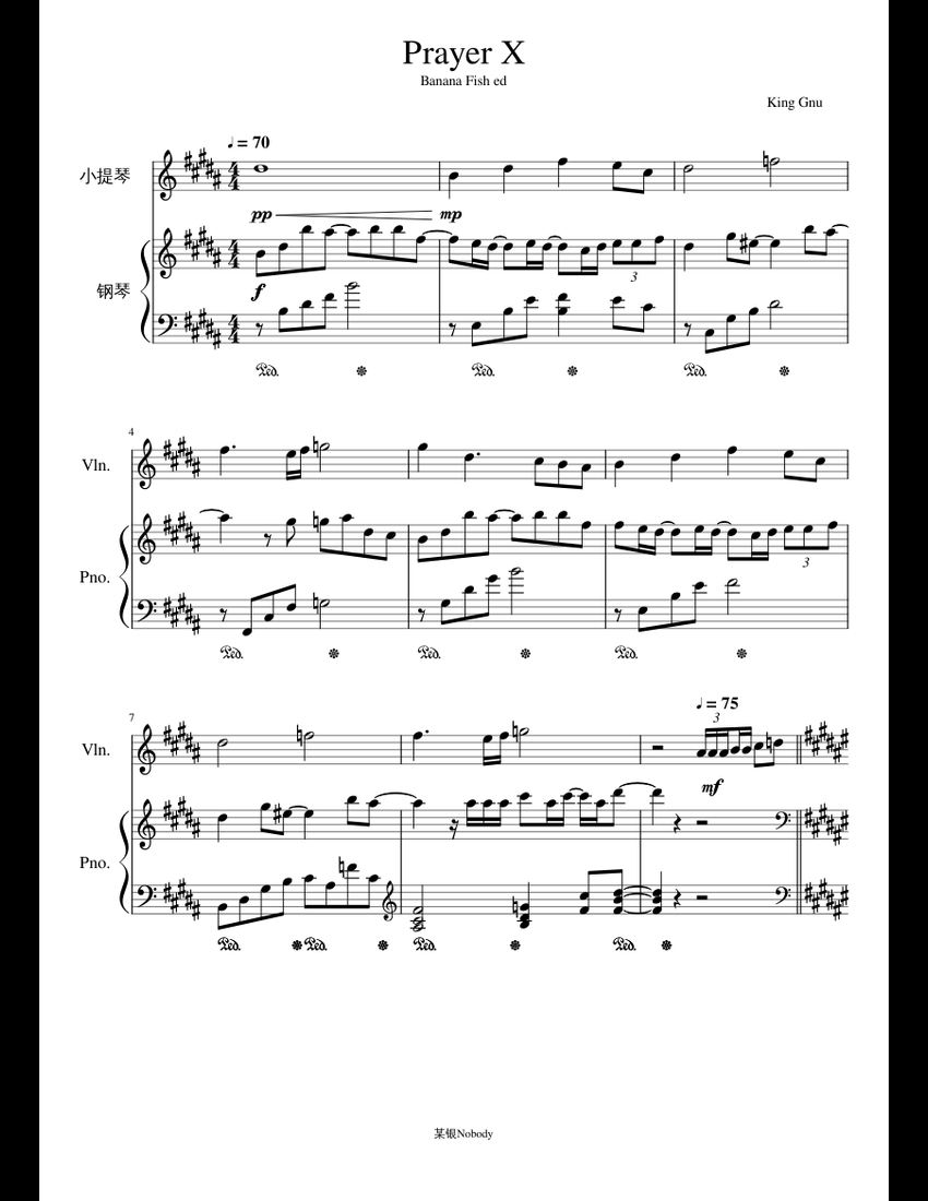 Prayer X（Violin&Piano） sheet music for Violin, Piano download free in