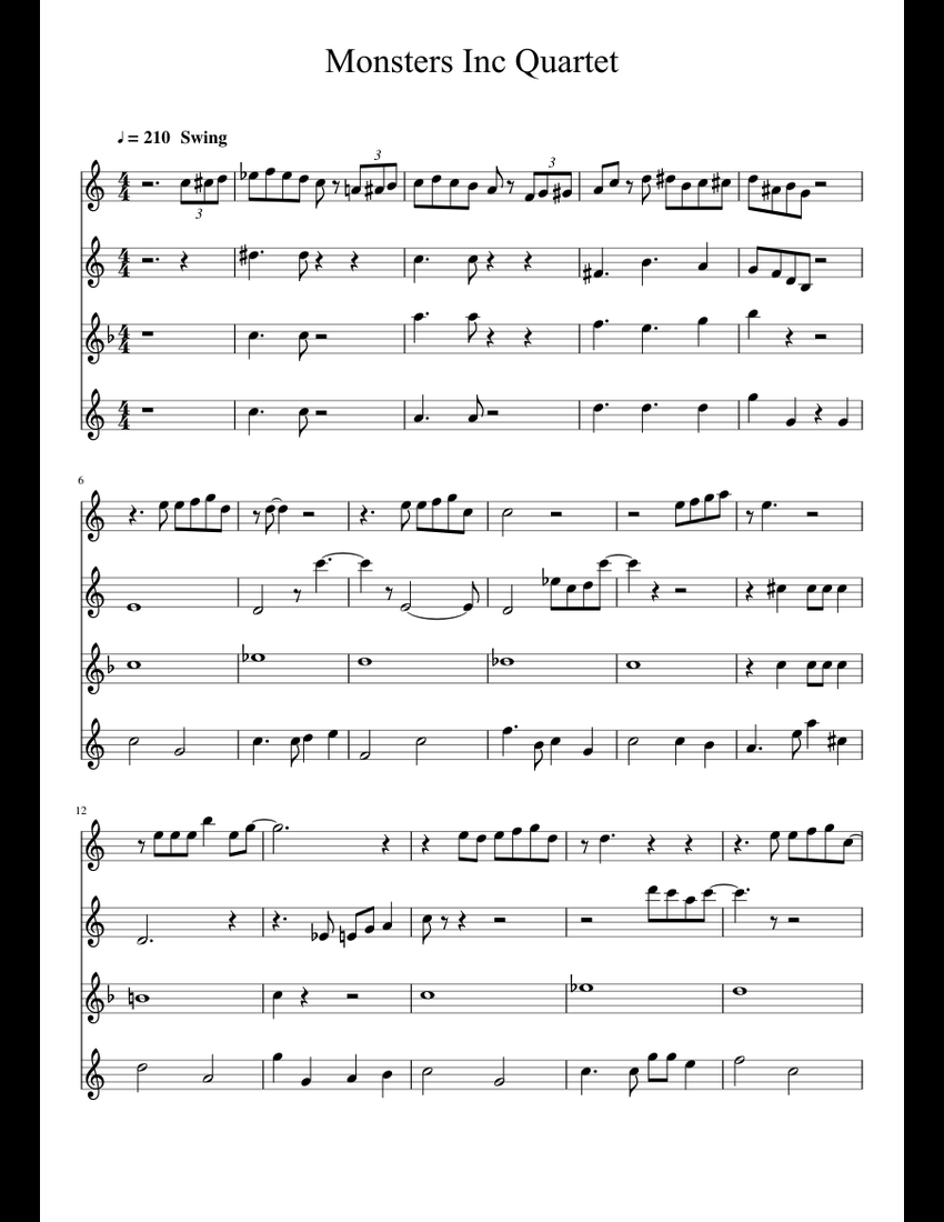 Monsters Inc Quartet sax sheet music for Alto Saxophone, Soprano