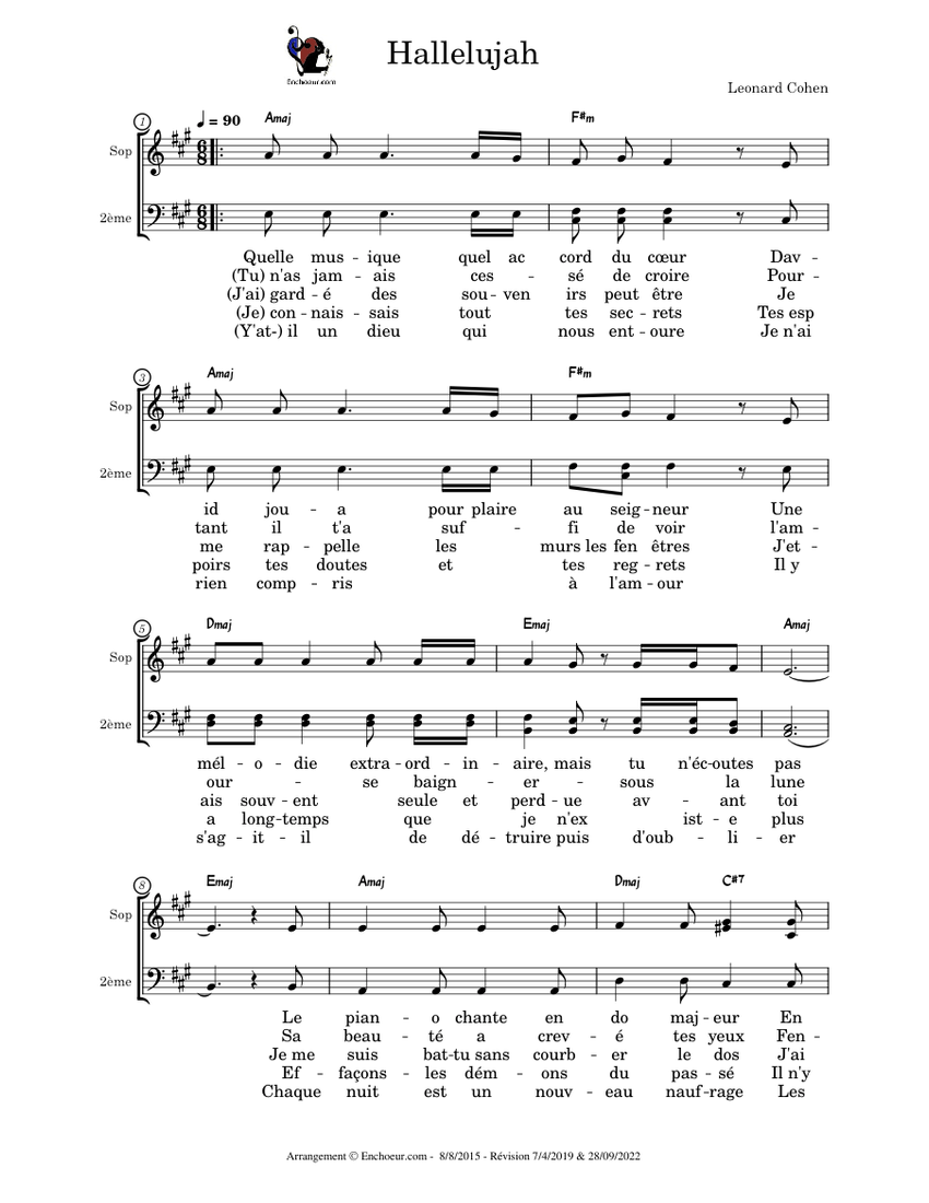 Hallelujah (version française) - Leonard Cohen sheet music for Piano