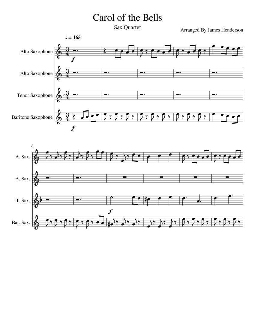 Carol of the Bells for Saxophone Quartet Sheet music for Alto Saxophone ...