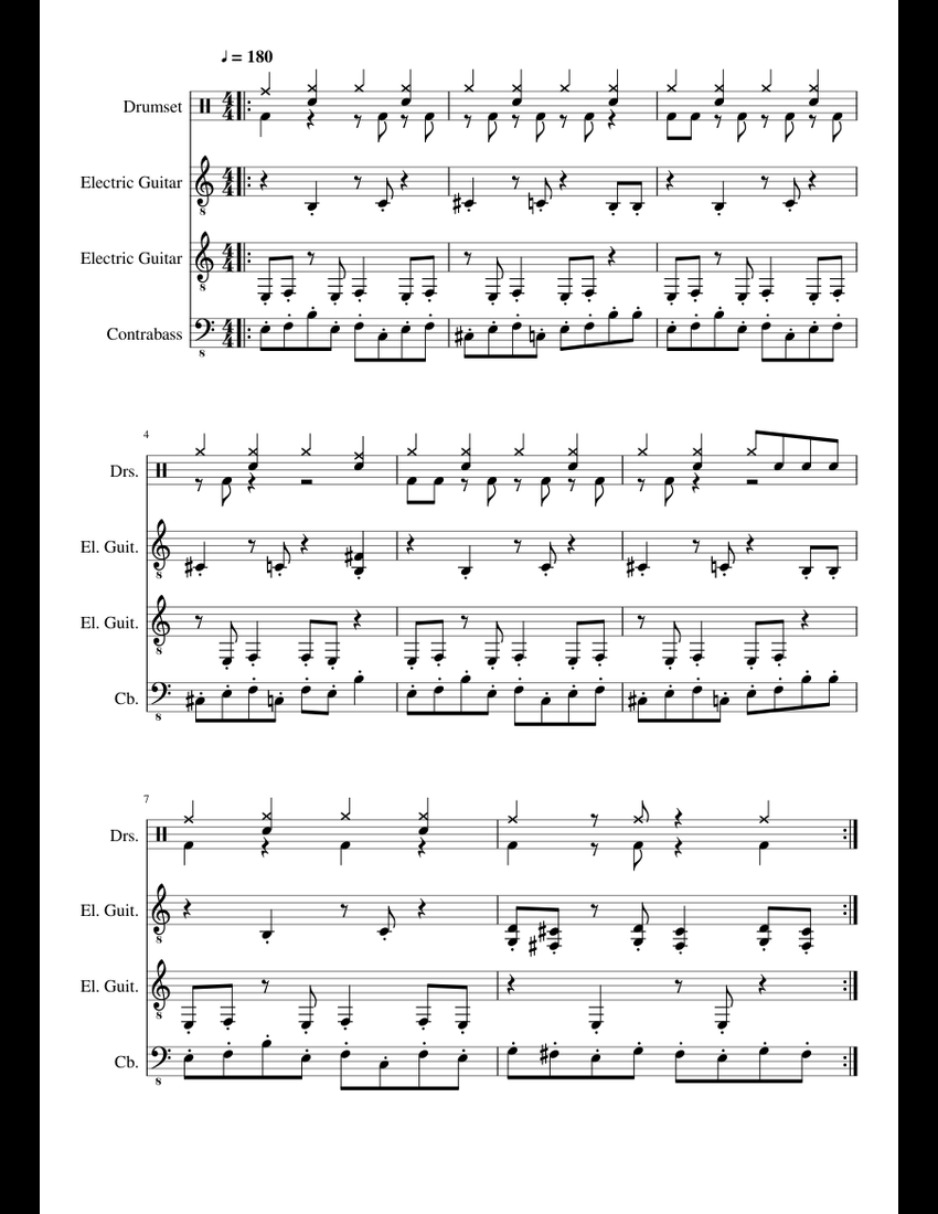 Master of Puppets a riff sheet music for Percussion, Guitar, Bass