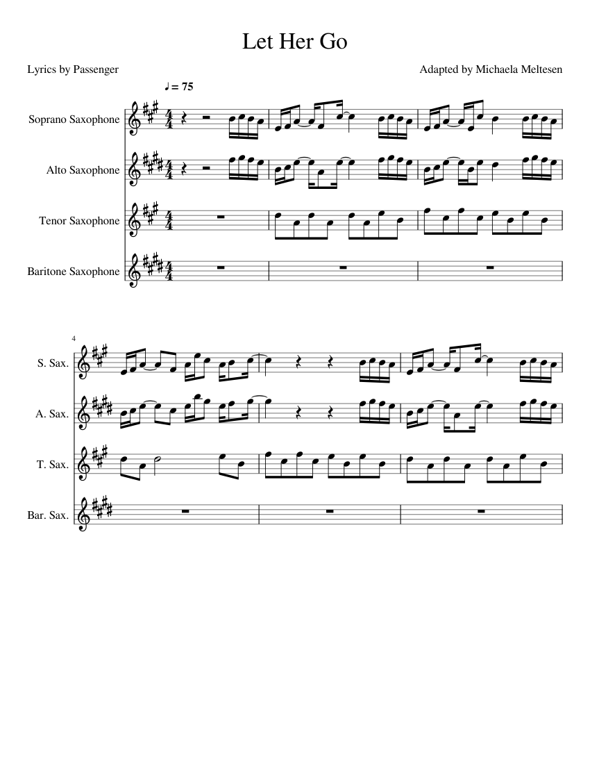 Let Her Go sheet music for Soprano Saxophone, Alto Saxophone, Tenor Saxophone, Baritone