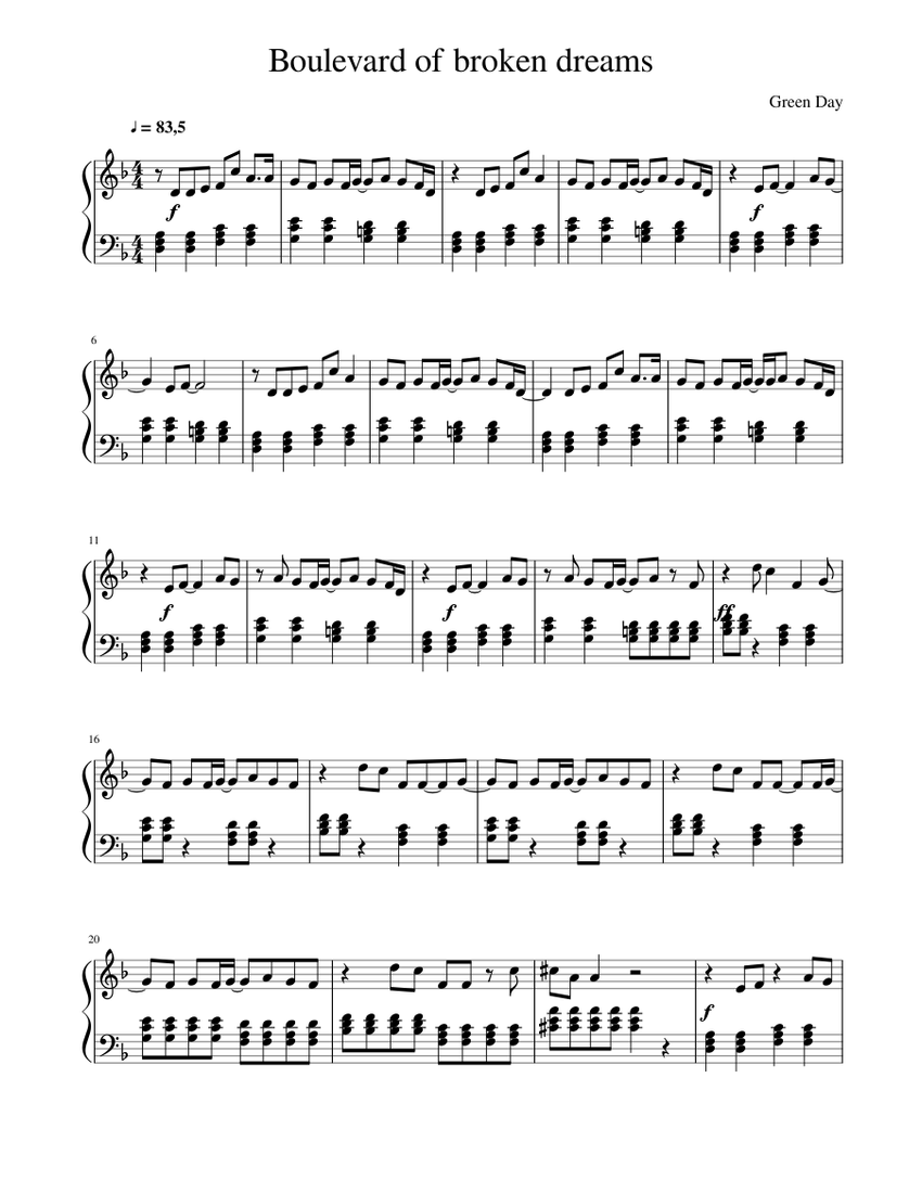 Boulevard of broken dreams Sheet music for Piano | Download free in PDF