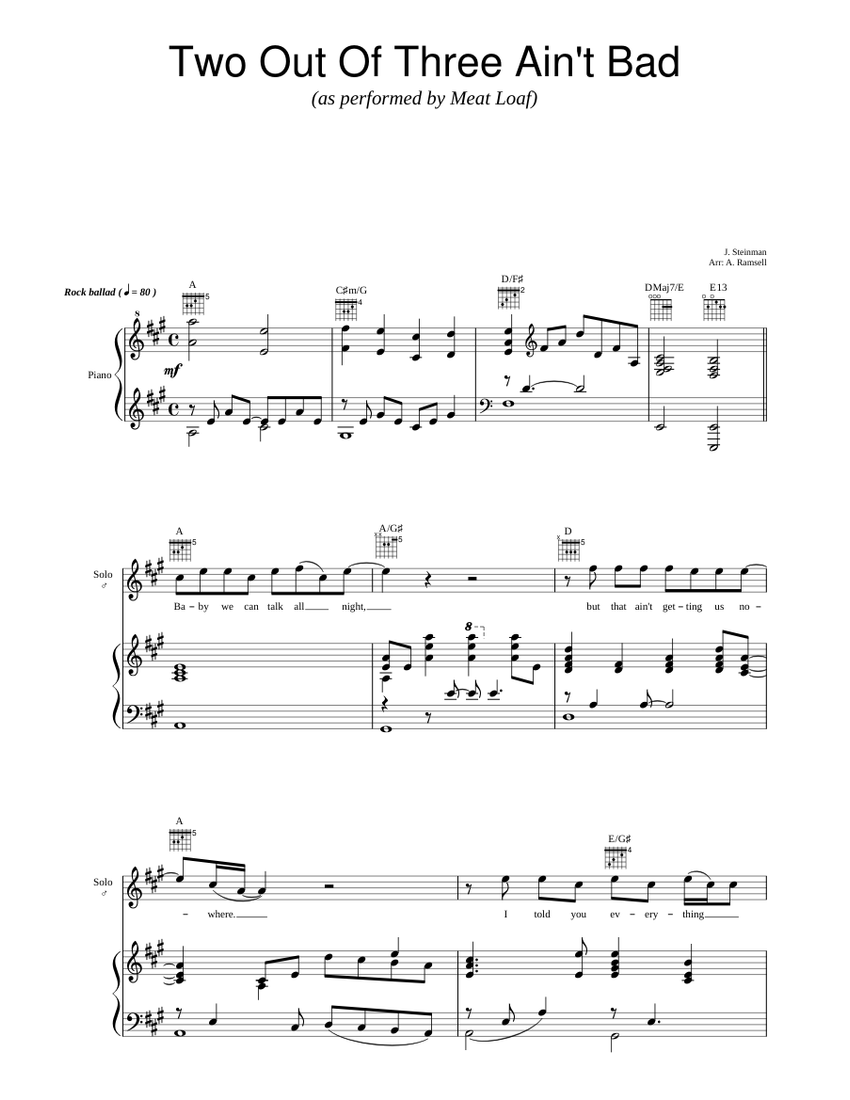 Meat Loaf Two Out Of Three Ain't Bad Sheet music for Piano, Baritone